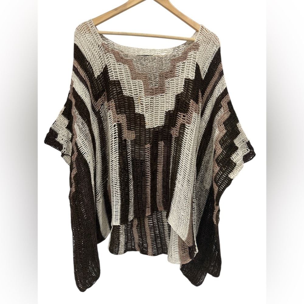 Peruvian Connection Pima Cotton Boho Open Knit Poncho Sweater in Brown and Cream